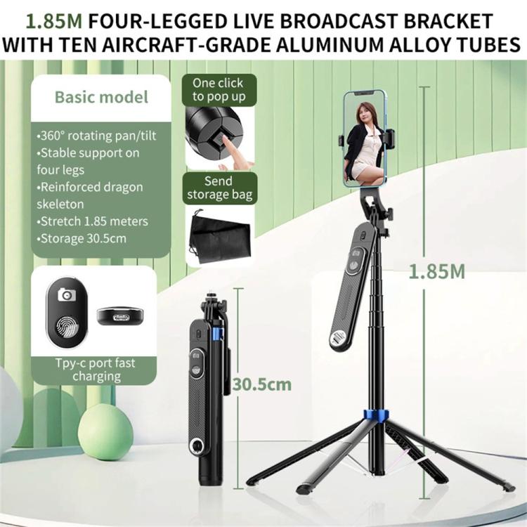 P515 Portable Retractable Four-Legs Phone Stand Selfie Stick with Bluetooth Remote Control - Selfie Sticks by buy2fix | Online Shopping UK | buy2fix