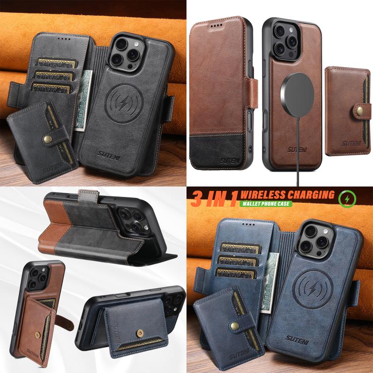 For iPhone 16 Suteni Q06S1 3-in-1 Splicing Detachable Wallet MagSafe Leather Phone Case(Black) - iPhone 16 Cases by Suteni | Online Shopping UK | buy2fix