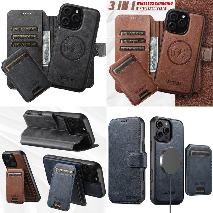 For iPhone 16 Pro Max Suteni Q05S2 3-in-1 Detachable Vertical Flip Wallet MagSafe Leather Phone Case(Black) - iPhone 16 Pro Max Cases by Suteni | Online Shopping UK | buy2fix