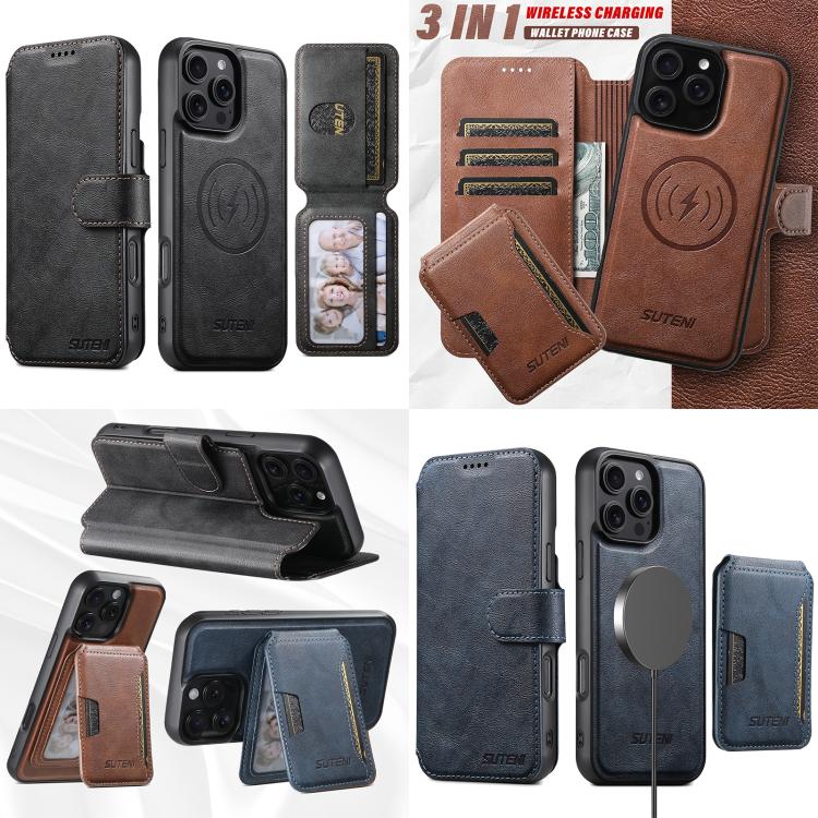For iPhone 16 Pro Max Suteni Q05S3 3-in-1 Detachable Vertical Flip Wallet MagSafe Leather Phone Case(Black) - iPhone 16 Pro Max Cases by Suteni | Online Shopping UK | buy2fix