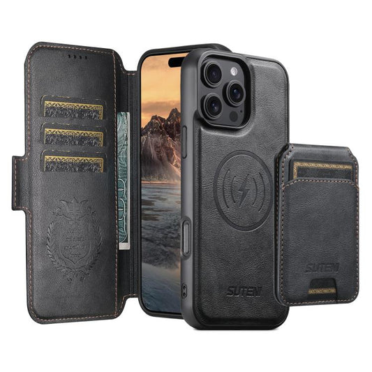 For iPhone 16 Pro Suteni Q06S2 3-in-1 Detachable Vertical Flip Wallet MagSafe Splicing Leather Phone Case(Black) - iPhone 16 Pro Cases by Suteni | Online Shopping UK | buy2fix