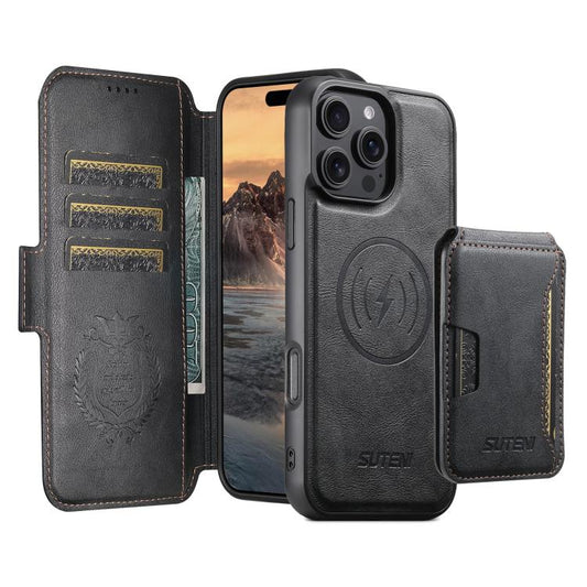 For iPhone 16 Pro Suteni Q06S3 3-in-1 Splicing Detachable Vertical Flip Wallet MagSafe Leather Phone Case(Black) - iPhone 16 Pro Cases by Suteni | Online Shopping UK | buy2fix