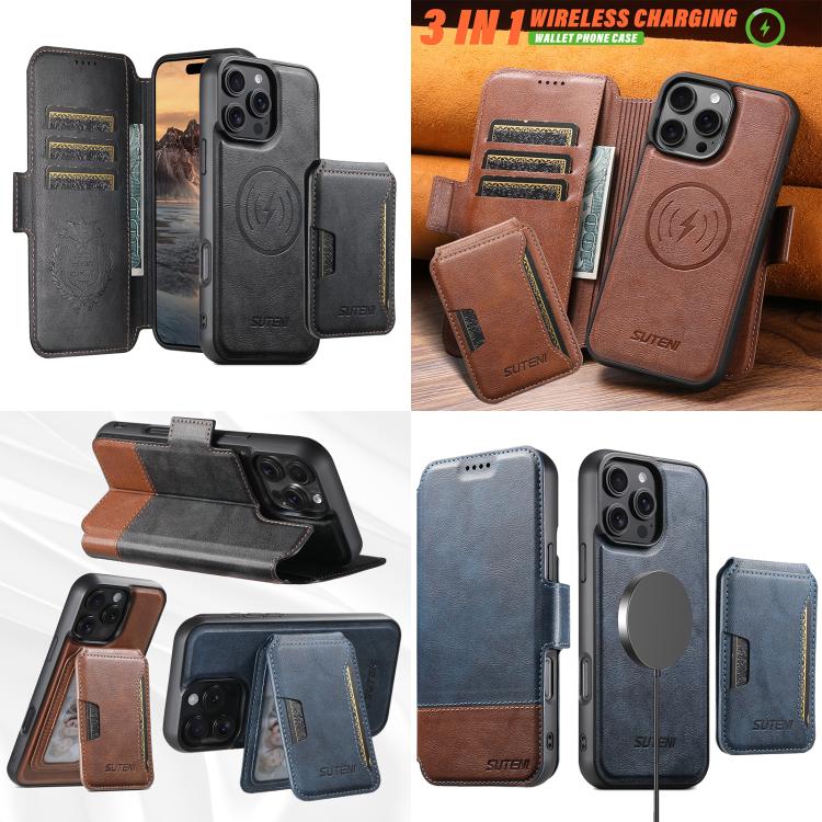 For iPhone 16 Plus Suteni Q06S3 3-in-1 Splicing Detachable Vertical Flip Wallet MagSafe Leather Phone Case(Brown) - iPhone 16 Plus Cases by Suteni | Online Shopping UK | buy2fix
