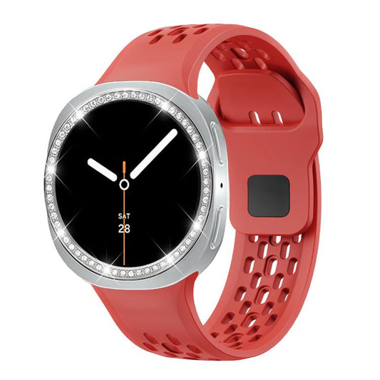 For Samsung Galaxy Watch8 44mm Diamond Bezel and Black Reverse Buckle Silicone Watch Band(Red Silver) - Watch Bands by buy2fix | Online Shopping UK | buy2fix