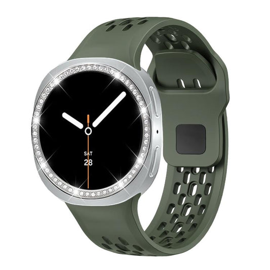 For Samsung Galaxy Watch8 40mm Diamond Bezel and Black Reverse Buckle Silicone Watch Band(Army Green Silver) - Watch Bands by buy2fix | Online Shopping UK | buy2fix