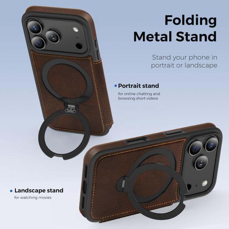 For iPhone 17 Pro Knight Shield 360 Rotation Holder MagSafe RFID Leather Phone Case(Coffee) - iPhone 17 Pro Cases by buy2fix | Online Shopping UK | buy2fix