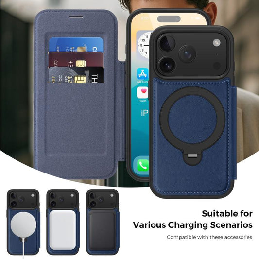 For iPhone 17 Pro Knight Shield 360 Rotation Holder MagSafe RFID Leather Phone Case(Blue) - iPhone 17 Pro Cases by buy2fix | Online Shopping UK | buy2fix