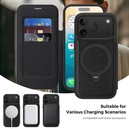 For iPhone 17 Pro Knight Shield 360 Rotation Holder MagSafe RFID Leather Phone Case(Black) - iPhone 17 Pro Cases by buy2fix | Online Shopping UK | buy2fix