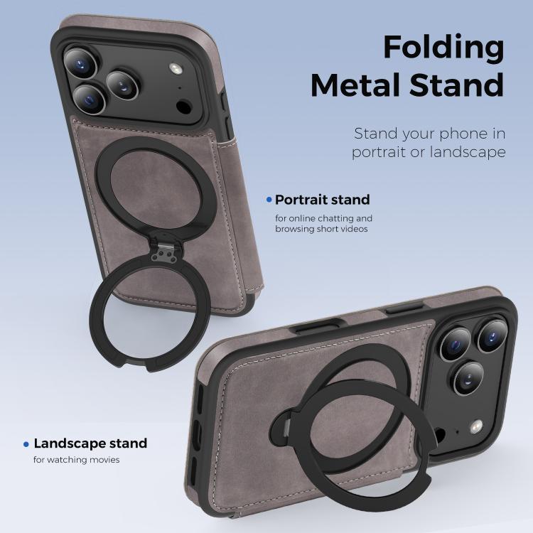 For iPhone 17 Pro Knight Shield 360 Rotation Holder MagSafe RFID Leather Phone Case(Grey) - iPhone 17 Pro Cases by buy2fix | Online Shopping UK | buy2fix