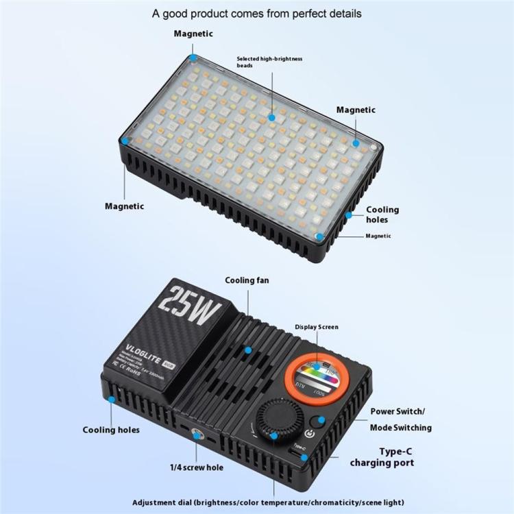 VLOGLITE K25RGB For Camera Photography Pocket Video Light 25W High Power RGB Fill Light - by VLOGLITE | Online Shopping UK | buy2fix