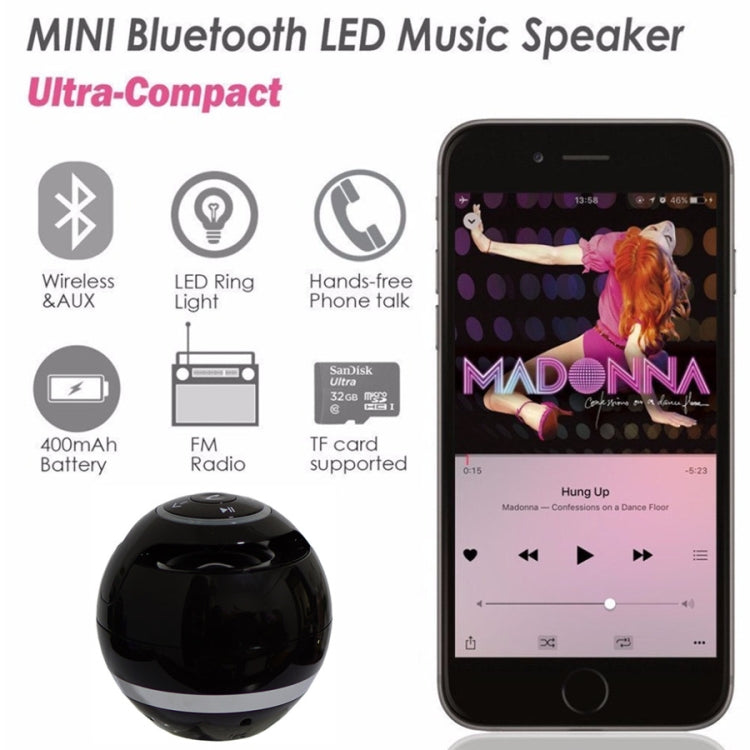 A18 Ball Bluetooth Speaker with LED Light Portable Wireless Mini Speaker Mobile Music MP3 Subwoofer Support TF (Black) - Desktop Speaker by buy2fix | Online Shopping UK | buy2fix