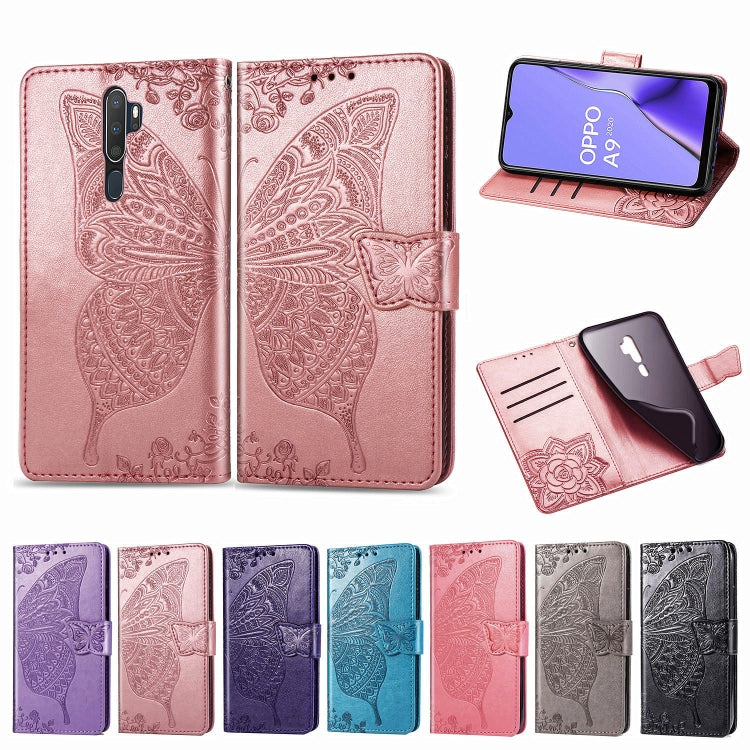 For OPPO A5 (2020) / A9 (2020) Butterfly Love Flower Embossed Horizontal Flip Leather Case with Bracket Lanyard Card Slot Wallet(Dark Purple) by buy2fix