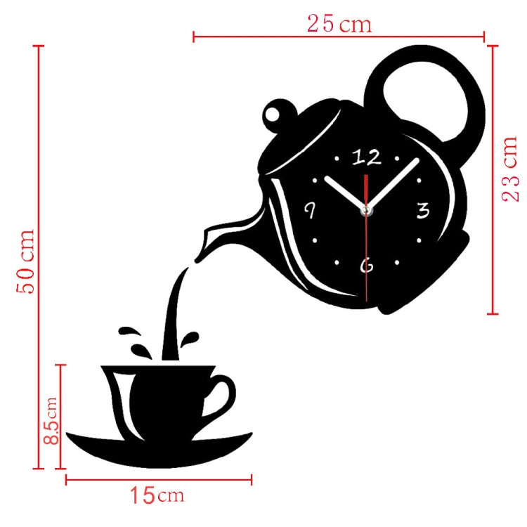 Creative DIY Acrylic Coffee Cup Teapot 3D Wall Clock Decorative Kitchen Wall Clocks Living Room Dining Room Home Decor Clock(Black) by buy2fix