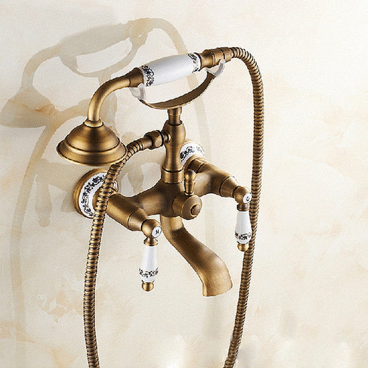 Antique Brass Wall Mounted Bathroom Tub Faucet Dual Ceramics Handles Telephone Style Hand Shower, Specification:Blue and White Telephone Shower by buy2fix
