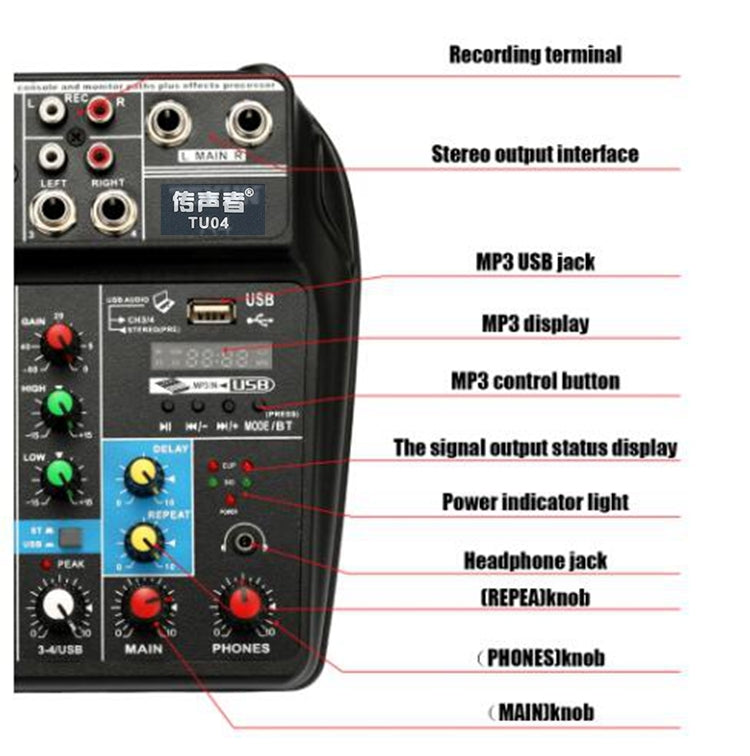 TU04 BT Sound Mixing Console Record 48V Phantom Power Monitor AUX Paths Plus Effects 4 Channels Audio Mixer with USB(Black) by buy2fix
