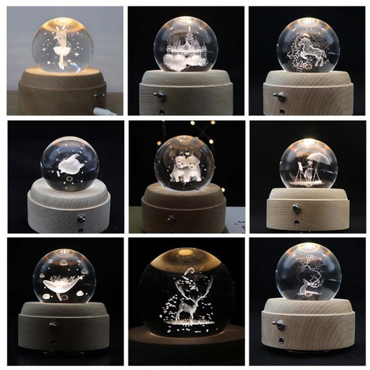 Girl Bedside Lamp Crystal Ball Wooden Base Music Box Charging Glow Rotating Night Light, Random Music(Dogs) by buy2fix