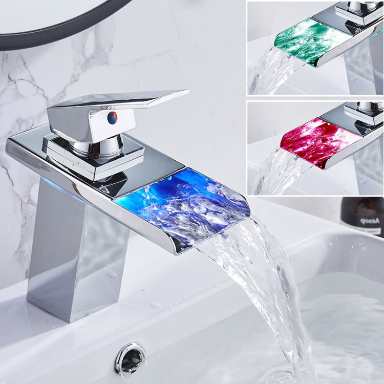 LED Three Lights Hot Cold Water Faucet Bathroom Waterfall Faucet CN Plug(Black) by buy2fix
