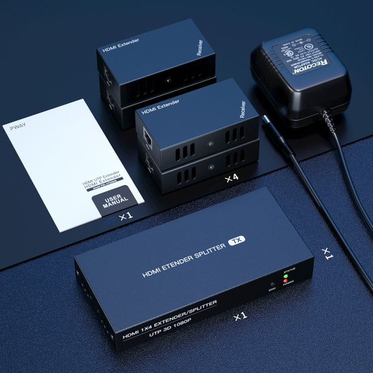 60m 1x4 HDMI Splitter POC Distribution Extender Supports 1080P@60Hz, Plug: US Plug by PWAY