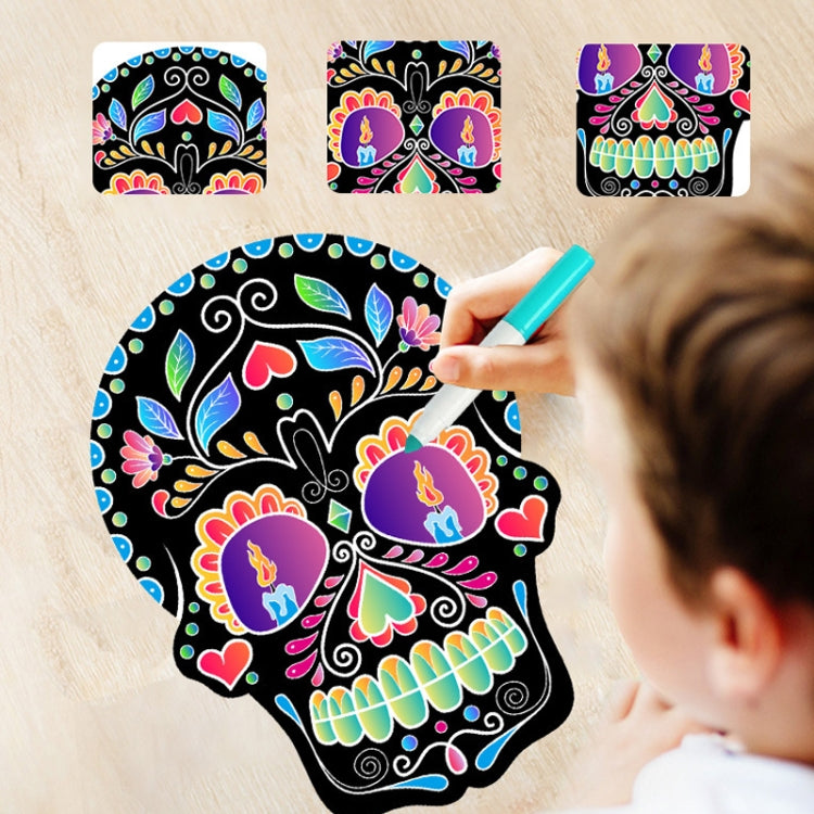 1 Sets Children Colorful Skull Head Halloween Scratch Painting DIY Ornaments Flower Skull Sticker(12 PCS / Set) by buy2fix