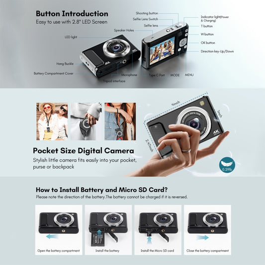 DC308 2.8-Inch 4K HD Front And Rear Dual-Camera 16X Zoom Digital Camera UK Plug(Black) by buy2fix