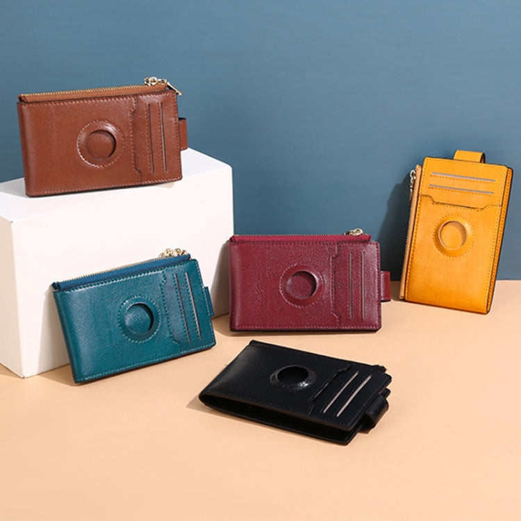 Two Layer Oil Waxed Leather Zip RFID Coin Purse Tracker Card Holder For AirTag(Wine Red) - Wallet Series by buy2fix | Online Shopping UK | buy2fix