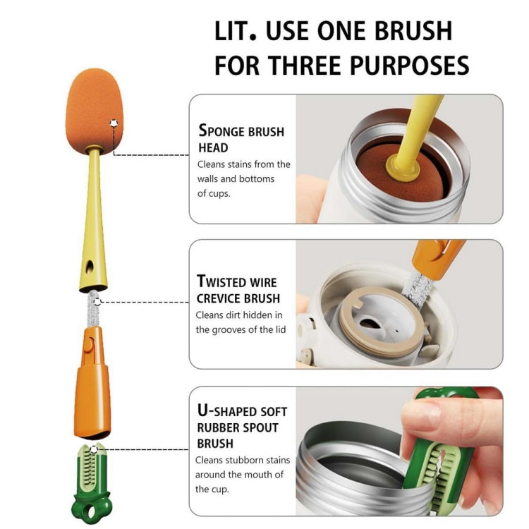 Long Handle Household Multifunctional Cup Washing Brush Carrot Shape 3 In 1 Cleaning Brush(Yellow) by buy2fix