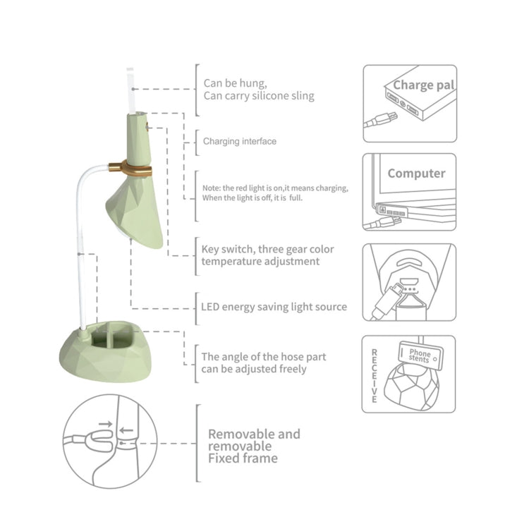 Base Removable Diamond Desk Lamp USB Charging 3-speed Color Temperature Night Light(301-2 Green) by buy2fix