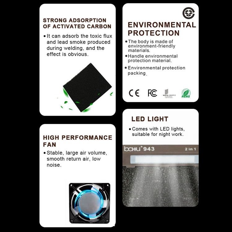 Baku BA-943 Soldering Fume Purifier with LED Light 30W Soldering Iron Welding Fume Exhauster(EU Plug 220V) - Others by BAKU | Online Shopping UK | buy2fix