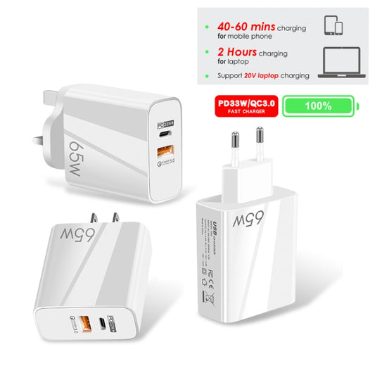 A502 65W USB-C/Type-C+USB Dual Port GaN Charger QC3.0 Laptop Universal Charger UK Plug White by buy2fix