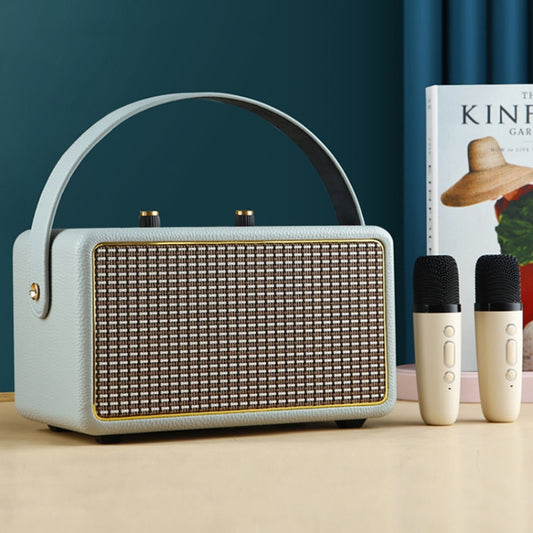 Leather Texture Portable Wooden Home Karaoke Bluetooth Speaker, Color: Gray+Dual-microphone by buy2fix
