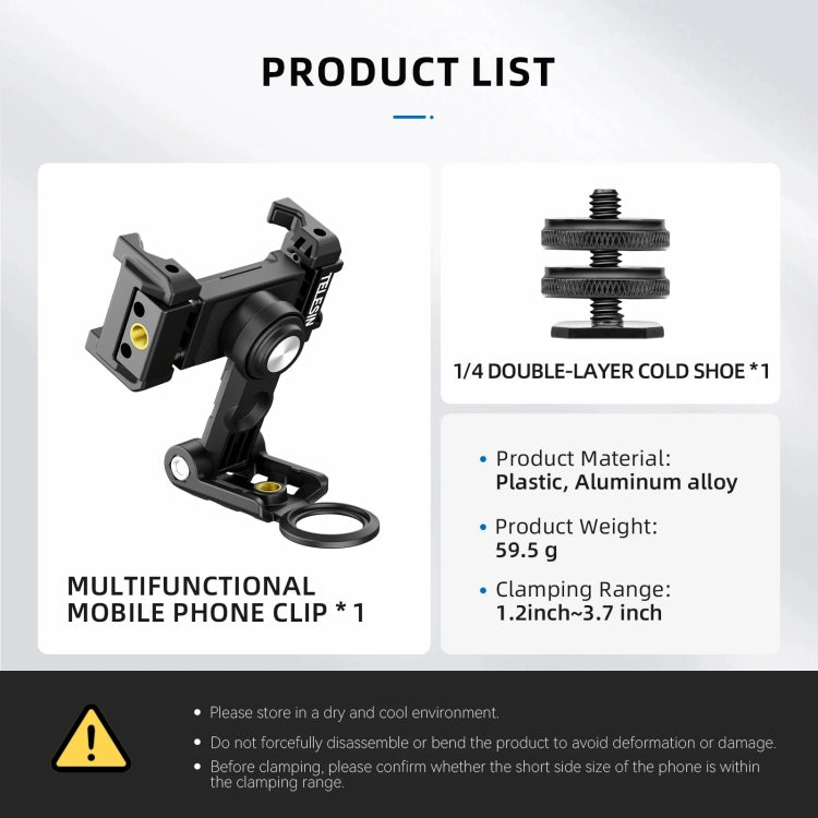 Telesin Mobile Phone Clip 360 Degree Rotating Desktop Bracket With Cold Shoe Mount(Black) - Desktop Holder by Telesin | Online Shopping UK | buy2fix