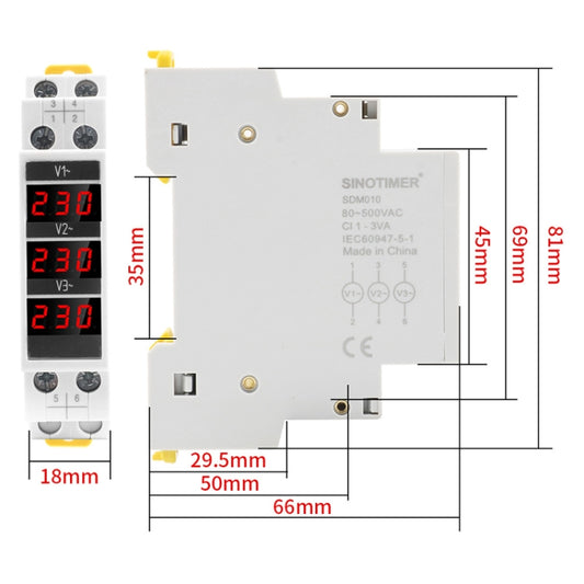 SINOTIMER SDM010 Modular Rail Type AC Three-Phase Digital Voltmeter Electronic Instrumentation by SINOTIMER