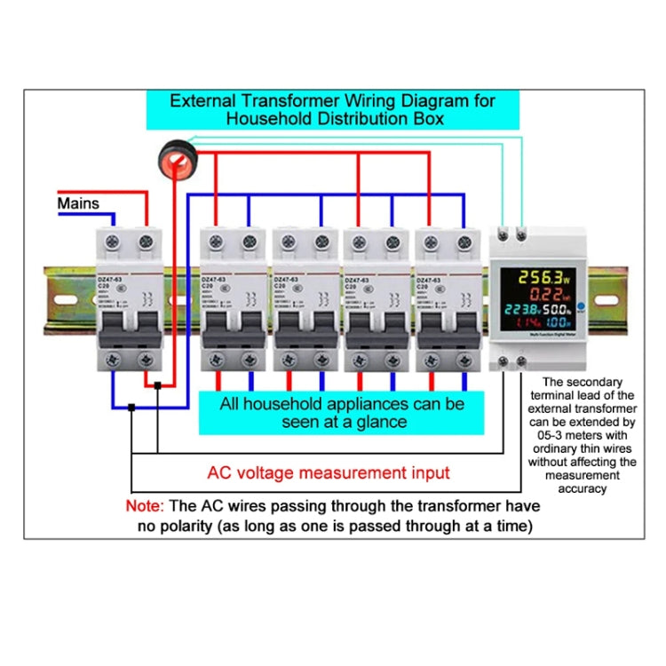SINOTIMER SDM009 Din Rail Single-Phase Voltage Current Frequency Power Factor Electricity Multifunctional Meter, Model: AC250-450V External by SINOTIMER