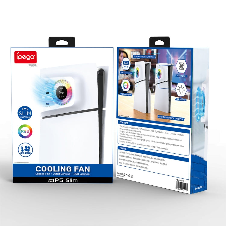 For PS5 Slim ipega PG-P5S019 Temperature Control Cooling Fan Face Cover Cooler + USB HUB with RGB Lights by ipega