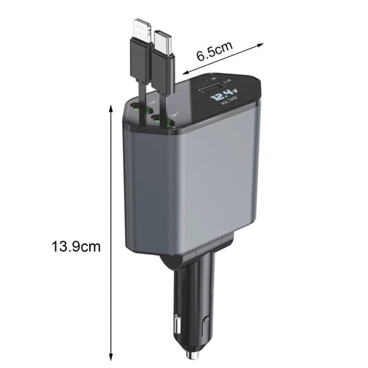 4-In-1 120W Multifunctional USB Retractable Dual-Line Digital Display Car Fast Charger(8 Pin + Type-C) by buy2fix