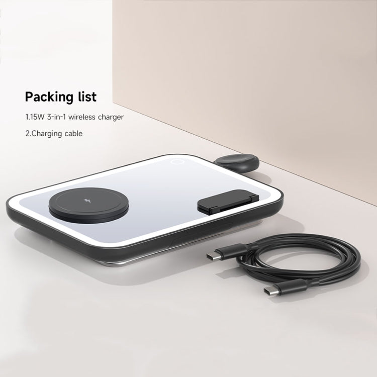 15W 3-in-1 MagSafe Magnetic Folding LED Makeup Mirror Night Light Wireless Charger(Black) by buy2fix