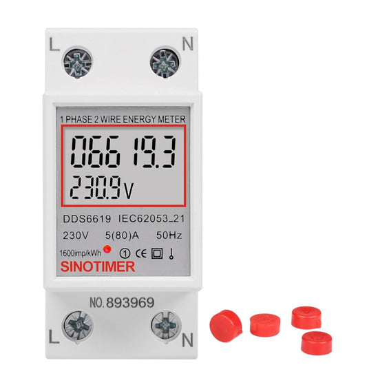 SINOTIMER DDS6619 80A 230V Din Rail Single Phase Energy Meter Voltage Current Power Meter Without Backlight by SINOTIMER