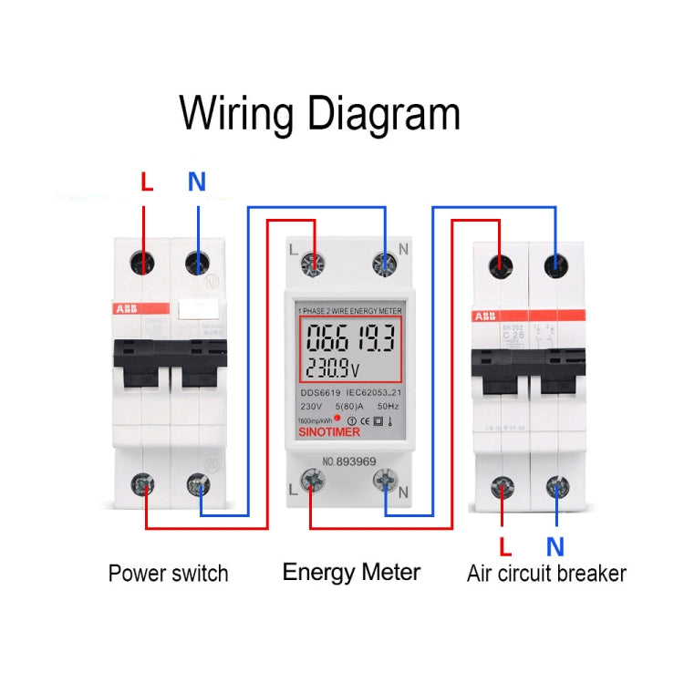 SINOTIMER DDS6619 80A 230V Din Rail Single Phase Energy Meter Voltage Current Power Meter Without Backlight by SINOTIMER