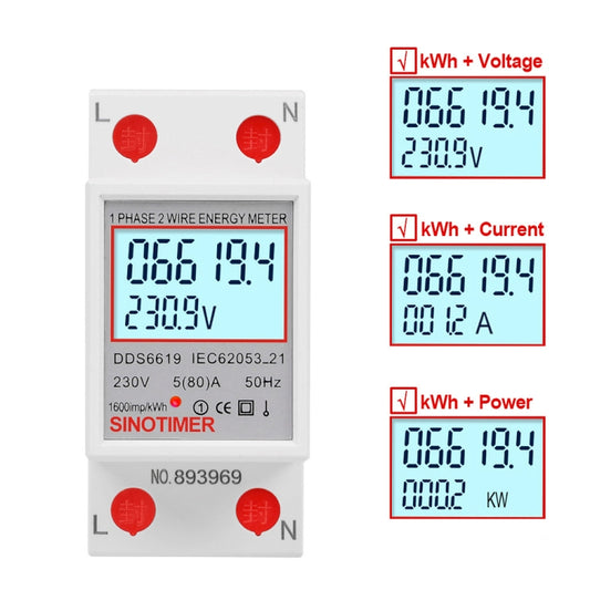 SINOTIMER DDS6619 80A 230V Din Rail Single Phase Energy Meter Voltage Current Power Meter With Backlight by SINOTIMER