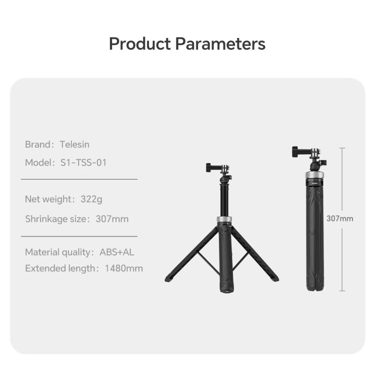 TELESIN 360 Degree Rotation 1.5m Selfie Stick Foldable Tripod For GoPro Hero / Insta360 / DJI Osmo Action(Black) - Portable Mini Tripod by TELESIN | Online Shopping UK | buy2fix