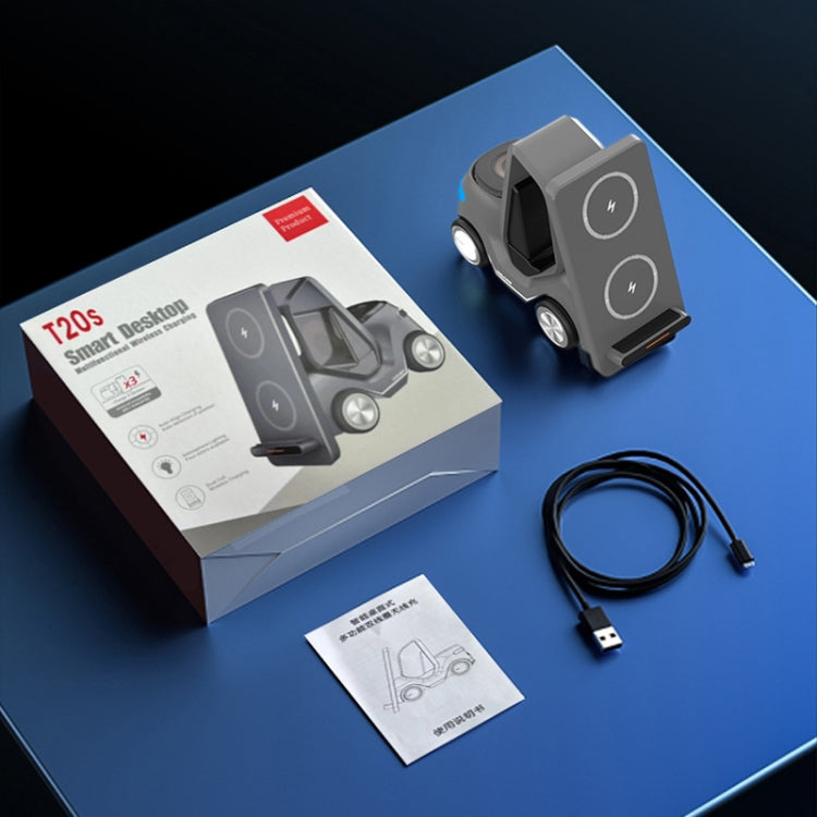 T20S 3-In-1 15W Small Forklift-Shaped Desktop Wireless Charger With LED Atmosphere Light(Gray) by buy2fix