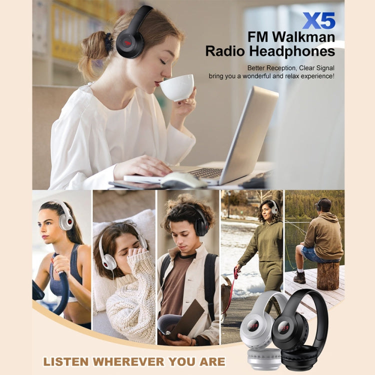 X5 Portable Digital Display Folding Headset FM Radio Headphones, Color: Charging White by buy2fix