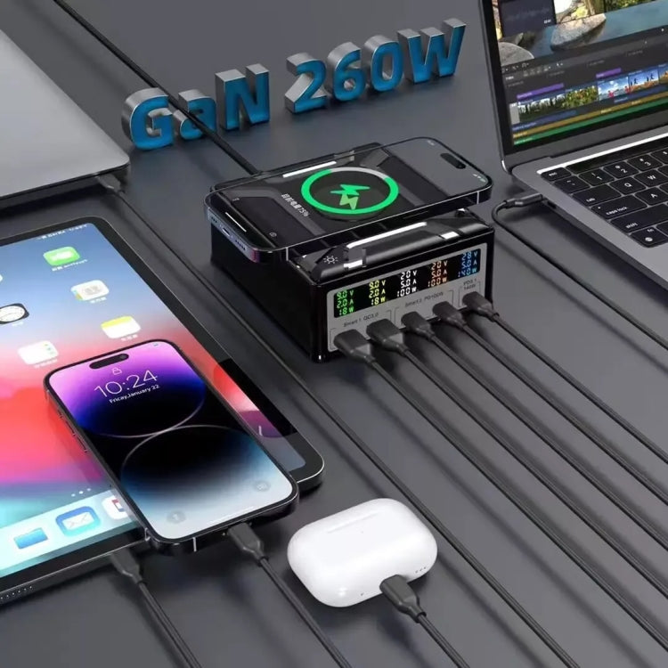 868D 6-In-1 260W High-Power Type-C+USB Multi Ports Charger Supports QI Wireless Charging(UK Plug) by buy2fix