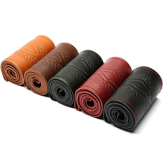 38cm Four-Season Embossed Hand-Sewn Cowhide Steering Wheel Cover(Coffee) by buy2fix