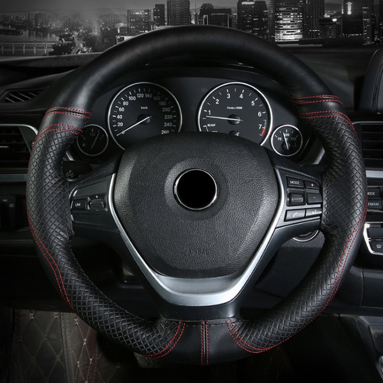 38cm Cowhide Embossed Hand-Stitched Double-Line Steering Wheel Cover(Black Black Line) by buy2fix