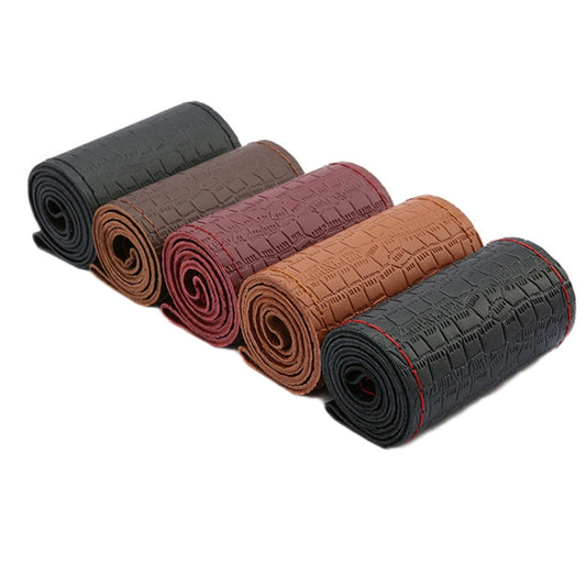 38cm Four-season Embossed Cowhide Hand-sewn Steering Wheel Cover(Wine Red) by buy2fix