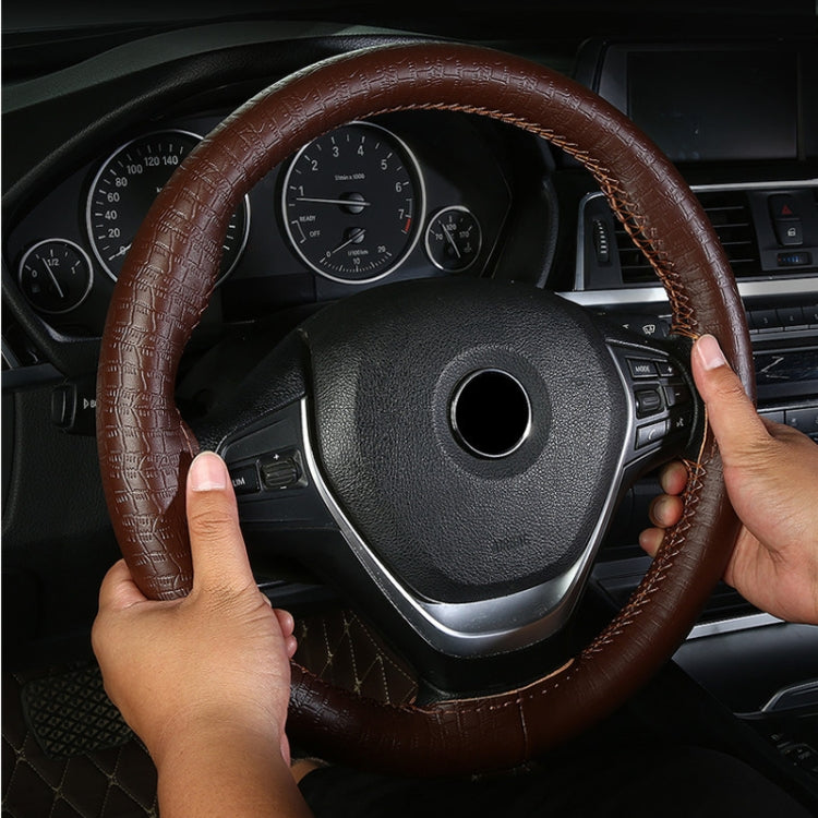 38cm Four-season Embossed Cowhide Hand-sewn Steering Wheel Cover(Brown) by buy2fix