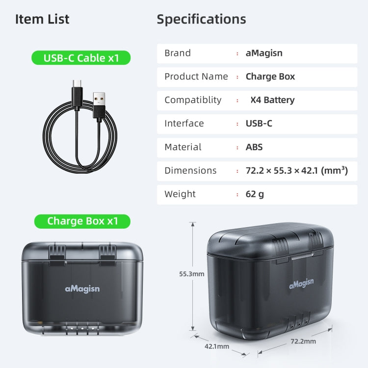 For Insta360 X4 AMagisn Dual Battery Charging Box Transparent Battery Storage Compartment by aMagisn