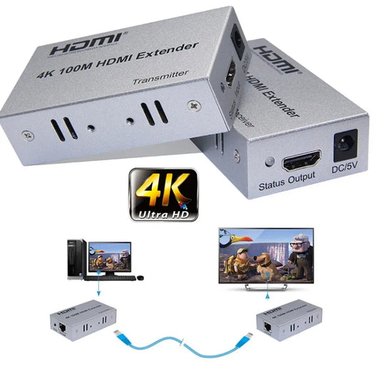 HDMI To RJ45 Single Ethernet Cable 100m Extender 4K HD Cable Signal Amplifier UK Plug(Silver) by buy2fix