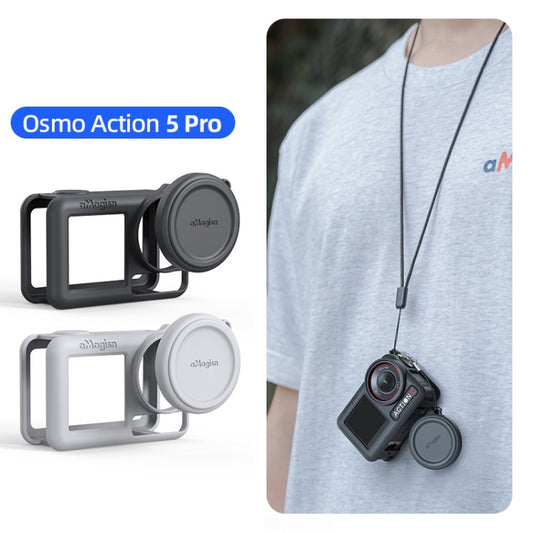 For DJI Osmo Action 5 Pro aMagisn Silicone Protective Case with Lanyard and Lens Cap(Light Gray) by aMagisn